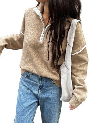 Ladies Quarter Zip Jumper, Casual Collar, V Neck, Fa9037