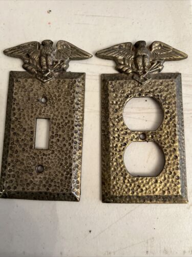 Vintage (Lot of 2) EDMAR Hammered Metal American Eagle Plate Cover Light Outlet - Picture 1 of 3