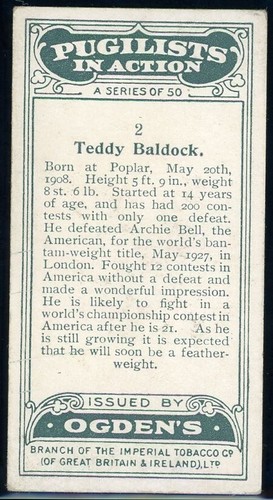 1928 Ogden's Pugilists In Action Boxing #2 Teddy Baldock Boxing - Picture 2 of 2
