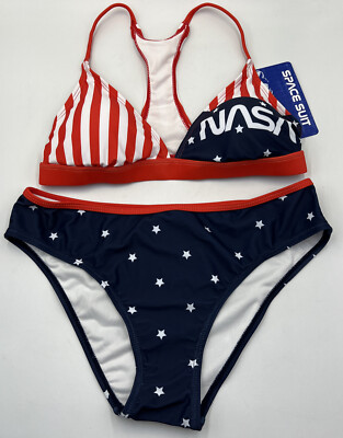 NASA Swimsuit Two Piece Bikini Large Blue White Red Space Suit