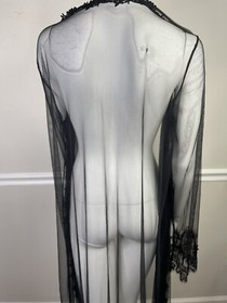 Black Sheer Lace Mesh Robe Sexy Open Cover Up Long Sleeve Nightgown M