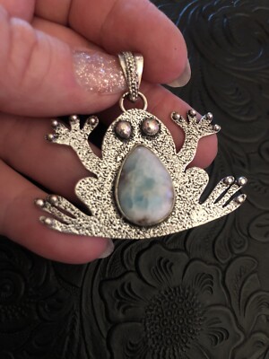 Blue Larimar Frog Fetish Pendant 2'' Artisan Southwest
