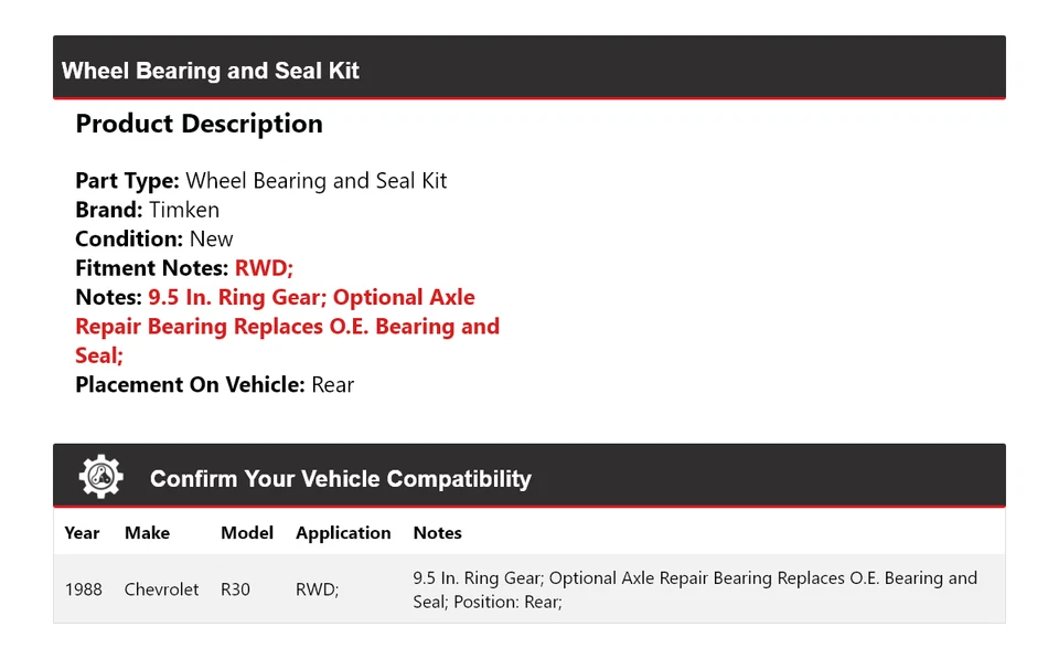 Kit de cojinete y sello de rueda trasero Timken para Chevrolet R30 1988 tracción trasera Foto 2 de 4