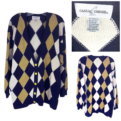 Vintage 1980's Casual Corner Sz L Diamond Argyle Intarsia Knit Cardigan Sweater