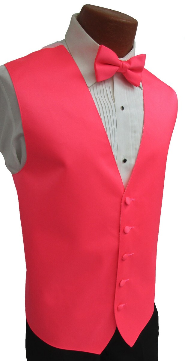 Pink Coral Tuxedo Vest And Bow Tie New Men's Hot Pink Satin