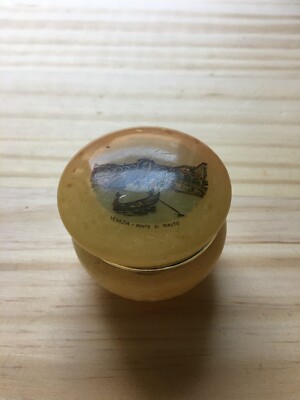 Vintage Venezia Ponte Di Rialto Carved Stone Alabaster Ring Trinket Box 2'' Italy