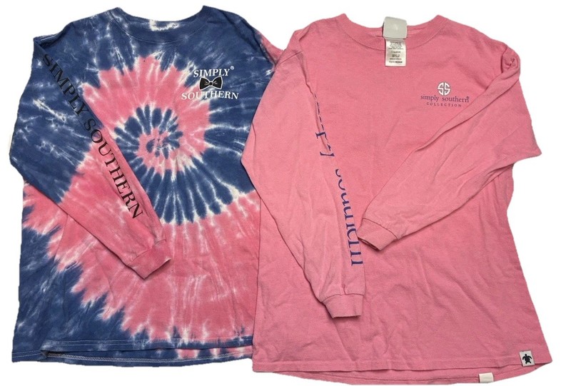 Simply Southern Youth Medium Lot of 2 Long Sleeve Logo Shirts Pink & Tie Dye