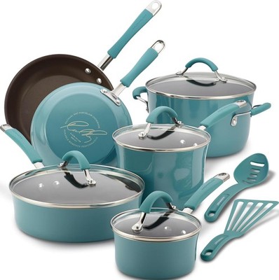 Rachel Ray's Kitchen Cucina Nonstick Cookware Pots/Pans 12 Piece Set Agave Blue.