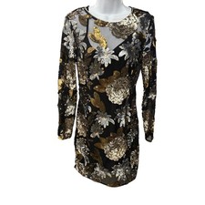 Topshop Women's Black Gold Silver Floral Sequin Embellished Party Dress Size 6