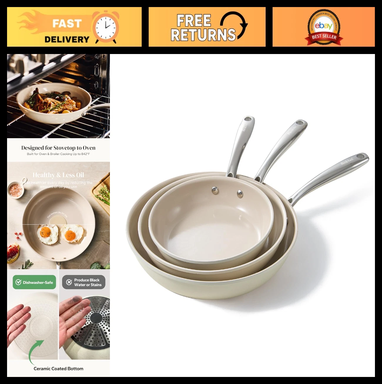 Nonstick Ceramic Frying Pan Set - 8", 9.5", 11" Skillets, PTFE/PFOA Free, Stay C