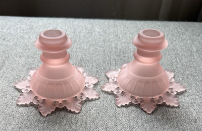 Westmoreland Pink Satin Doric Open Lace Candlestick Pair Depression Glass MCM