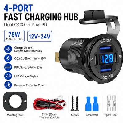 4 Port Fast Car Charger QC3.0 & PD USB C Outlet Socket for Boat RV Trucks 12-24V