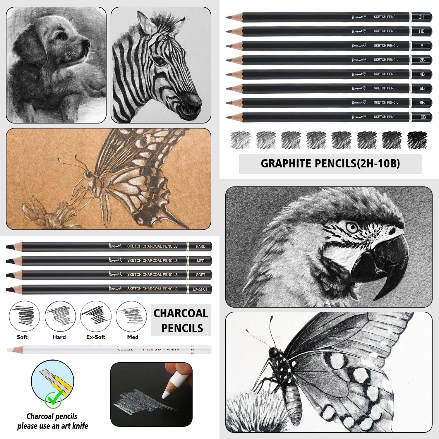 Charcoal Pencils for Drawing, Set of 26, Professional Drawing Sketch Pencils, Ar