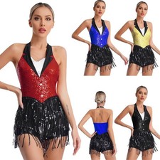 Women's Tuxedo Jazz Dance Costume Sequins Tassels Leotard Dress Latin AU