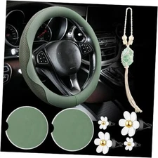 BBTO 4 Car Accessory Set, Steering Wheel Cover, Ceramic Coasters, Sage Green