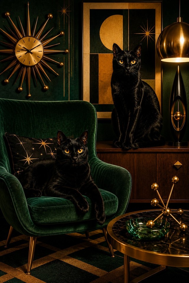 A bold 24x36 mid-century modern black cat art print with emerald tones — graphic, moody, and instantly room-defining.