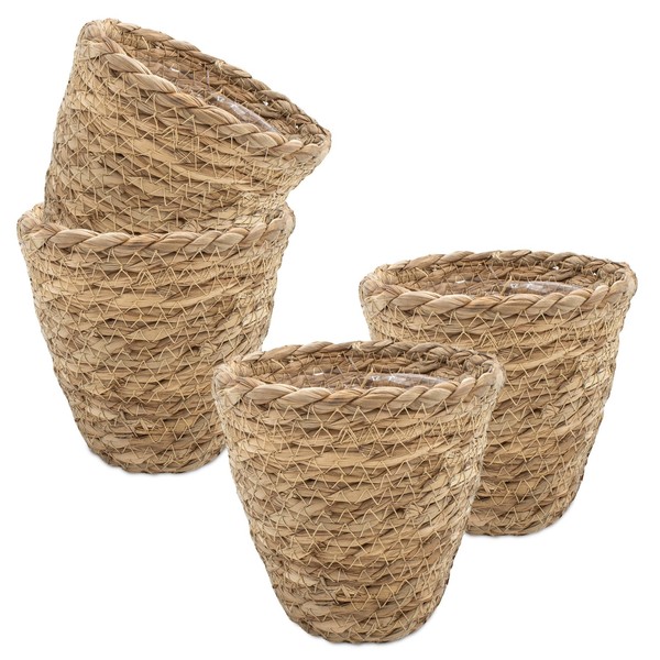 Seegras Pflanz Korb 14X12 Cm Natur - 4Er Set - Garten Deko Blumen Topf Mit Folie-image