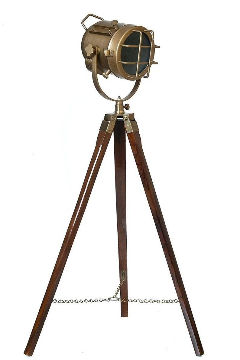 Nautical Spotlight Floor Lamp Wooden Tripod Standing Lamp Living
