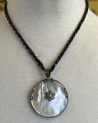 Nolan Miller Black Glass Bead Necklace 925 Sterling Huge Mother Of Pearl Pendant