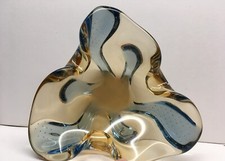 Art Glass Murano Royal Blue Amber Trifoil Controlled Bubble Ashtray Bowl 7-1/2”
