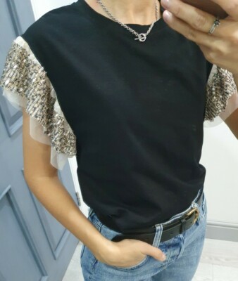 May by shining star black top with sequined sleeves S/M