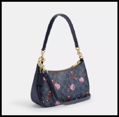 COACH CY694 Teri Shoulder Bag Signature Canvas Cherry Print Denim