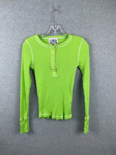 Forever 21 Hello Kitty Shirt Women's S Green Long Sleeve Tee Ribbed Frog Button - Afbeelding 1 van 11
