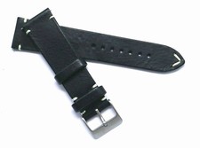 22mm 24mm Black/White Genuine Leather Classic Watch Strap Handmade Silver Buckle