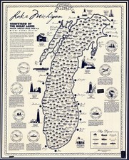 Lake Michigan Shipwrecks Map Great Lakes Wall Art Poster Nautical Naval Decor