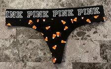 NWT VICTORIA'S SECRET PINK S CANDY CORN HALLOWEEN THICK BAND RARE THONG PANTIES