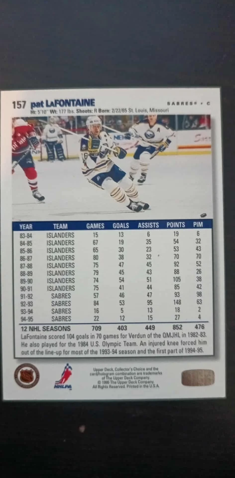 1995-96 UD Collector's Choice Sabres Pat LaFontaine w AUTOGRAPH - Image 2 of 2