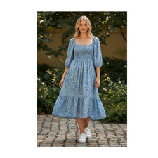 Women Blue Multicolor Midi A-Line Dress Square Neck Puff Sleeve Floral Smocked