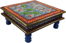 Bemalter kleiner Tisch, Minitisch, Blumenbank - Seerose blau/rot - 16*38*38 cm