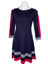 Vince Camuto NWT $128 Knit Fit & Flare Dress, Navy Red Gray Striped Trim Size S