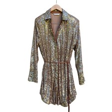 Sequin Shirt Dress Long Sleeve Mini Belted Glam Gold Bronze XL Bratz Party Y2K