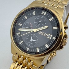 Elgin Quartz Watch FG1010 Men Gold Tone Alarm Chrono Analog ~For Parts Repair
