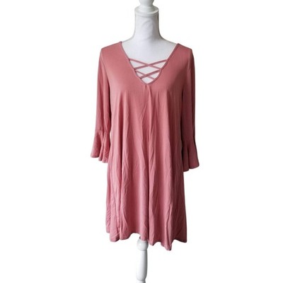 Alya Womens Pink Tunic Dress W/ Criss-Cross Neckline & 3/4 Bell Sleeves Size L