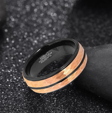 Black-Gold Groove Center Hammered 8MM Tungsten Ring