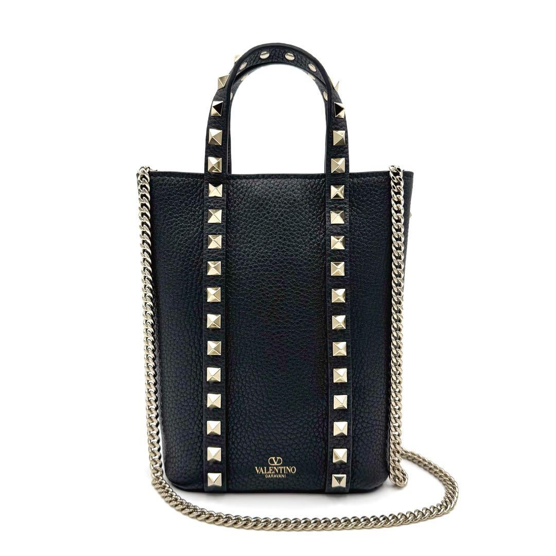 VALENTINO Women Rockstud Chain Shoulder bag 2Way Leather Black Gold from japan thumbnail 11