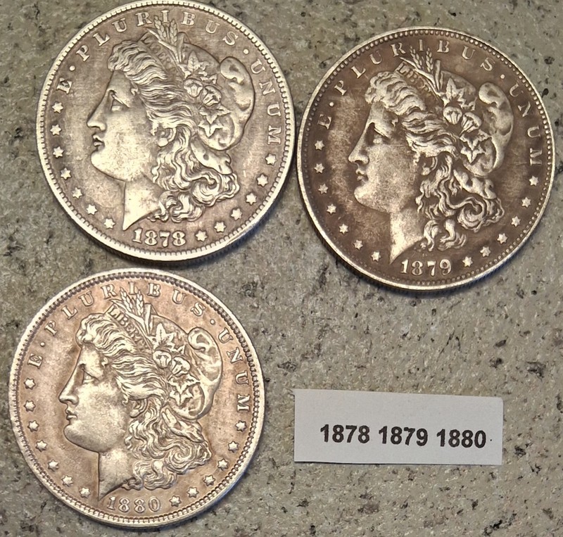 3 MORGAN Silver Dollar US COPY Coins 1878 1879 1880 Circulated Antique Look/Feel