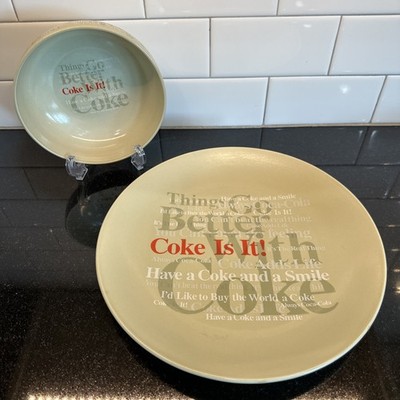 Coca Cola Brand SLOGAN COLLAGE Anchor Hocking 10 3/4'' Dinner Plate & Cereal Bowl