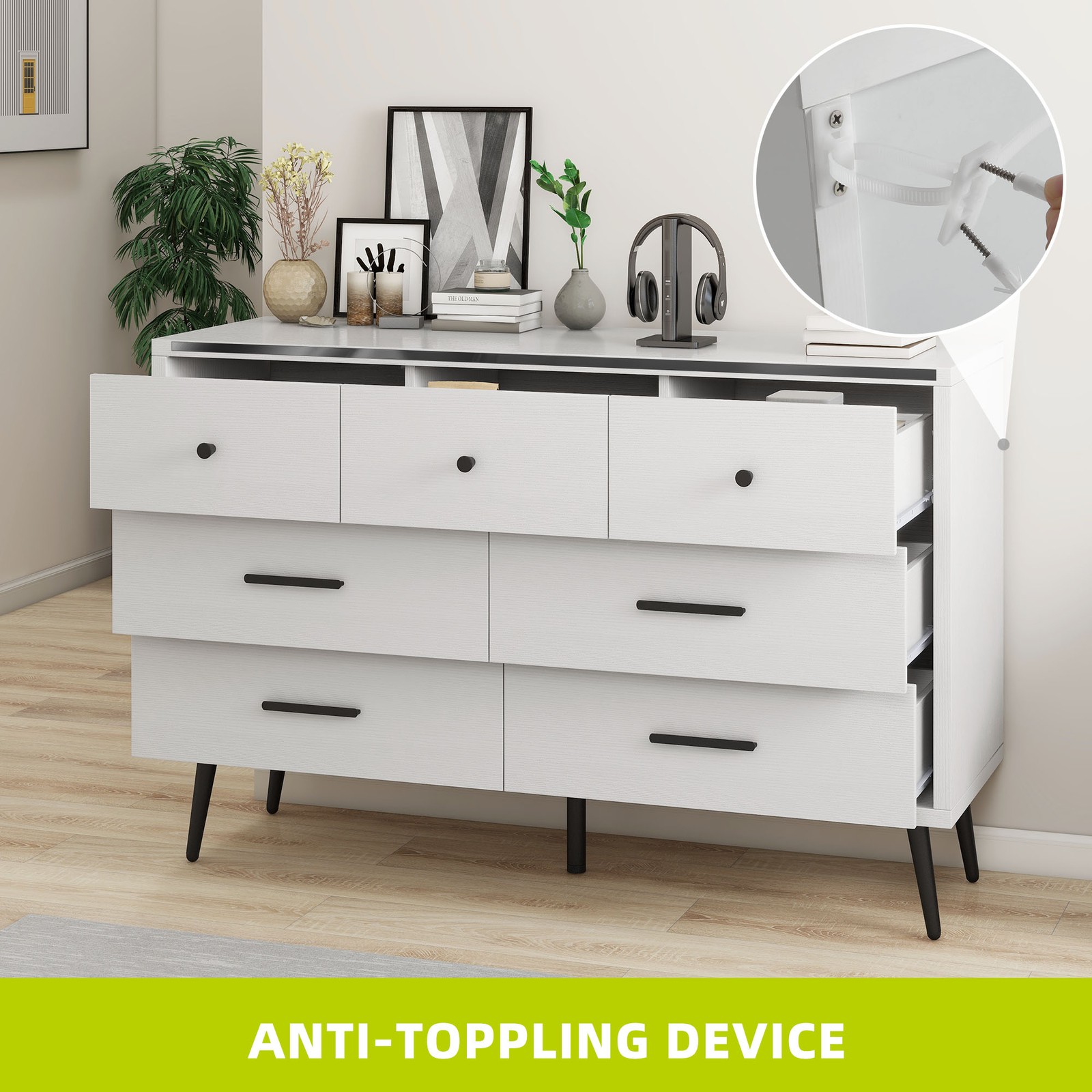 47-Inch Double Storage Dresser with 7 Drawers and Metal Handles for Entryway Organization