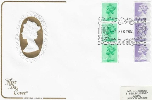 1982 (1 February) 12.5p And 15.5p Vertical Coils Cotswold FDC Windsor Cat £50