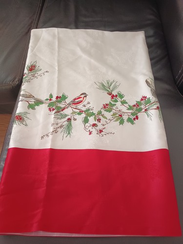 Lenox Fabric Shower Curtain Christmas Birds Pattern 68"x68” Ivory Green Red