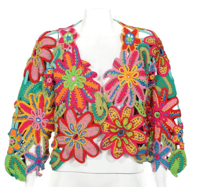 Michael Simon Intricate Open Crochet Floral Beaded Sweater Cardigan Cover Up 725