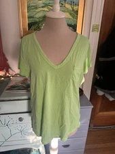GAP Lime Green V-Neck Women's Tee Shirt L Vintage Wash Distressed Cotton VGUC
