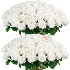 60 PCS Artificial Roses Bulk White Velvet Silk Fake Realistic Centerpieces