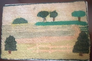 Vintage Hand Hooked Rug Wall Hanging Folk Art Landscape Cabin Trees