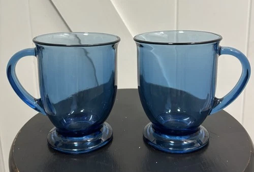 Vintage Anchor Hocking Cafe Mugs Denim Blue Glass Footed,  Set of 2