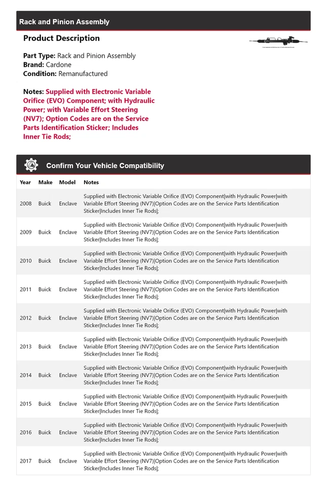 Montaje de piñón y estante Buick Enclave 2008-2017 cardone 2009 2010 2011 2012 Foto 2 de 4